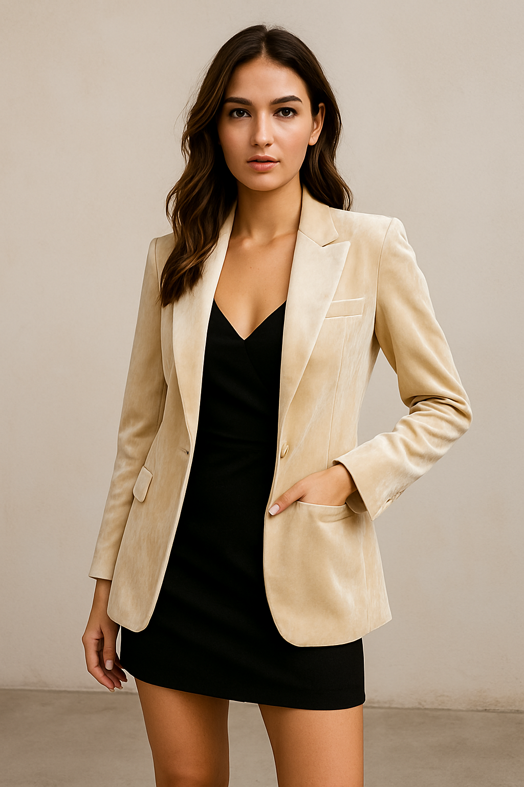Femme portant une veste élégante beige Dropvet