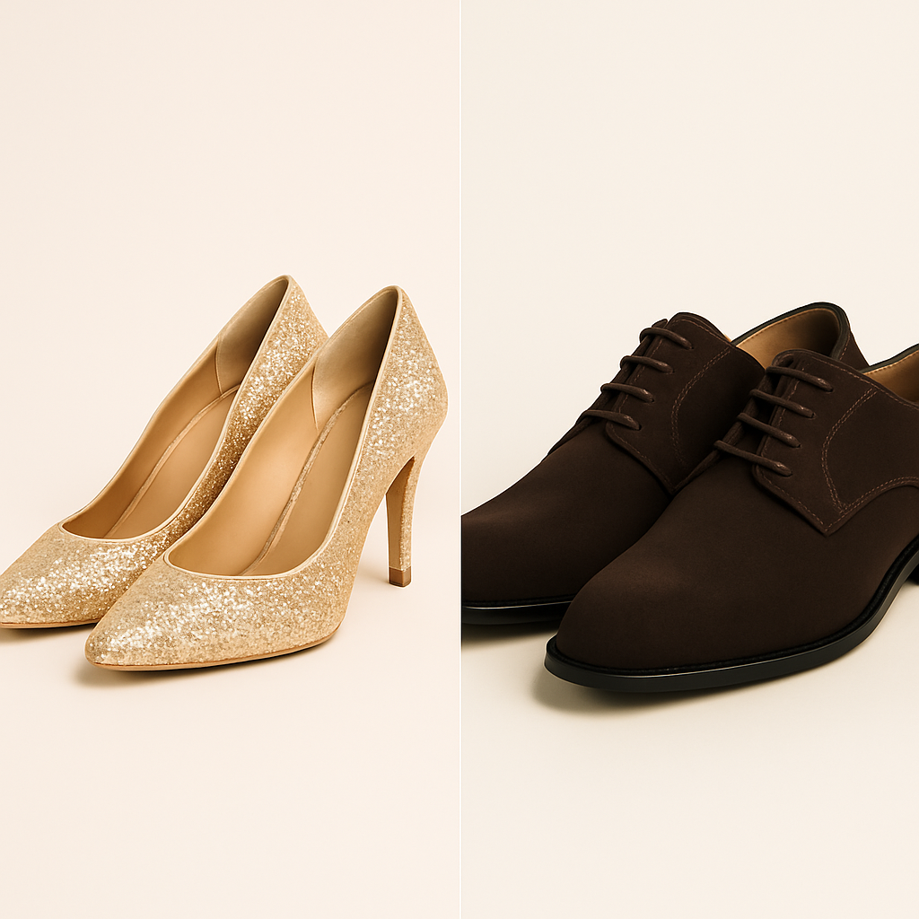 Chaussures habillées marron pour homme et escarpins dorés pour femme, collection mode Dropvet