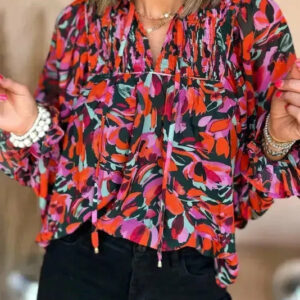 Blouse Florale à Manches Bouffantes Froncées