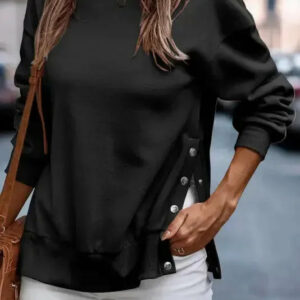 Sweatshirt noir femme à boutons-pression – Style casual chic et fentes côtés