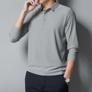 Polo homme stretch premium manches longues slim fit gris