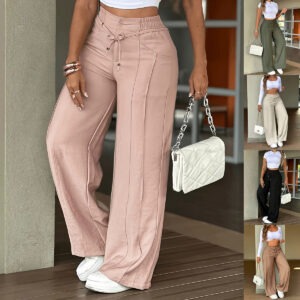Pantalon femme large taille haute à cordon